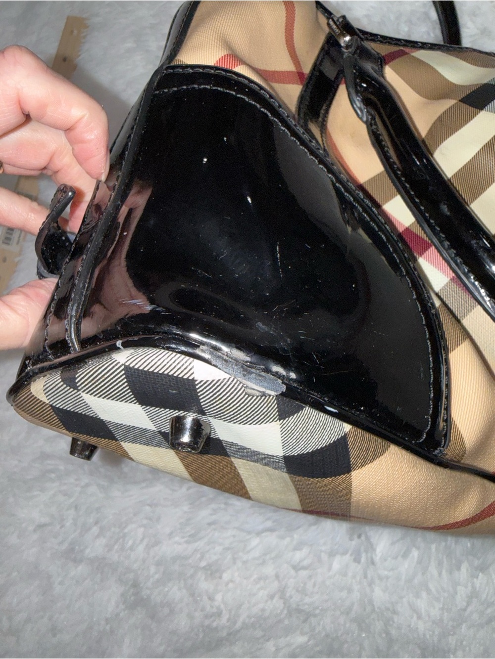 Burberry Beige Plaid Satchel with Black Patent Trim - Picture 7 of 16